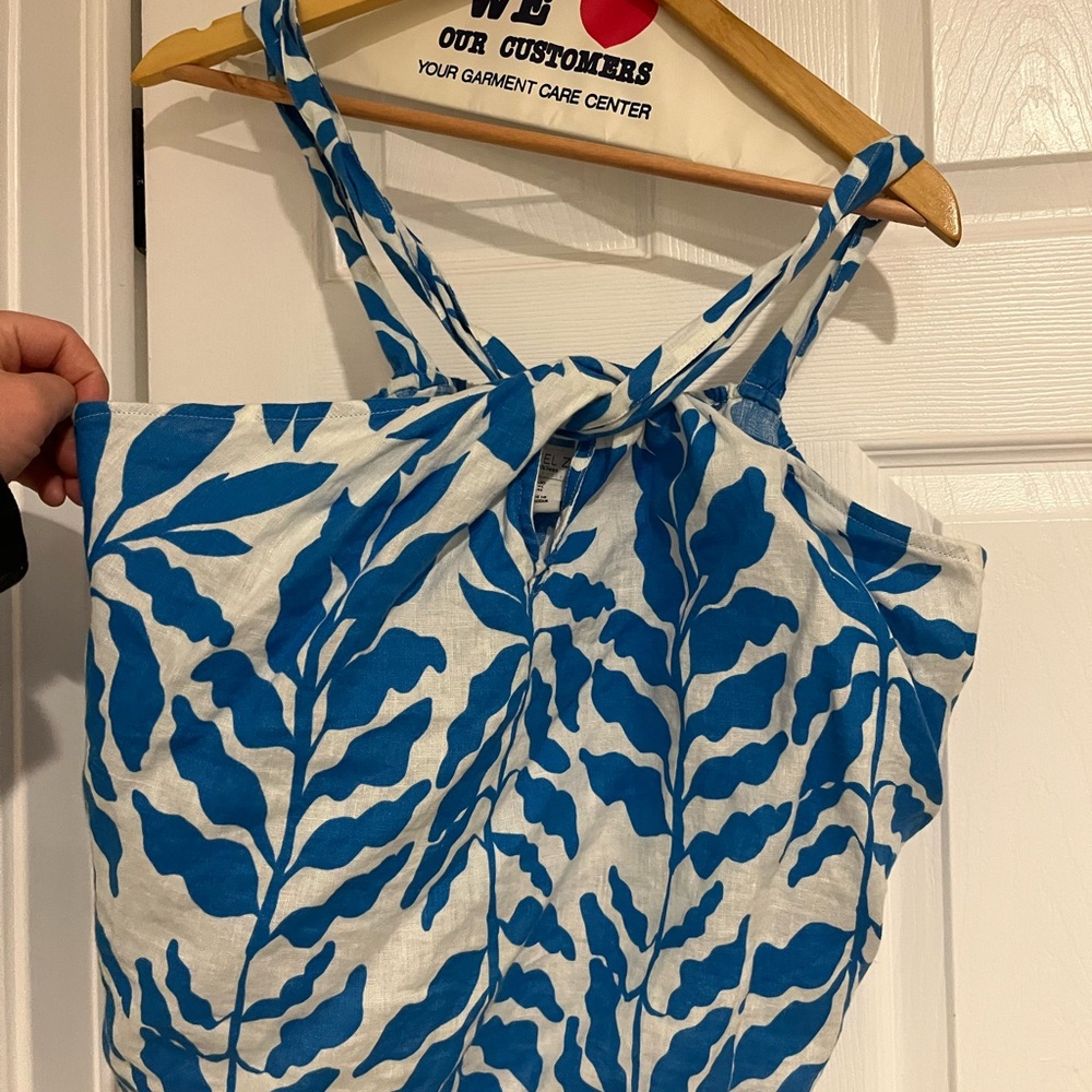 100% Linen Rachel Zoe Blue Leaf-Print Women's Top